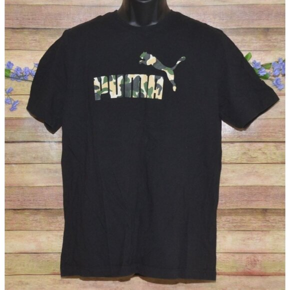Puma Mens Black Crewneck T-Shirt With Camouflage Logo Size L Cotton Short Sleeve - Picture 1 of 8